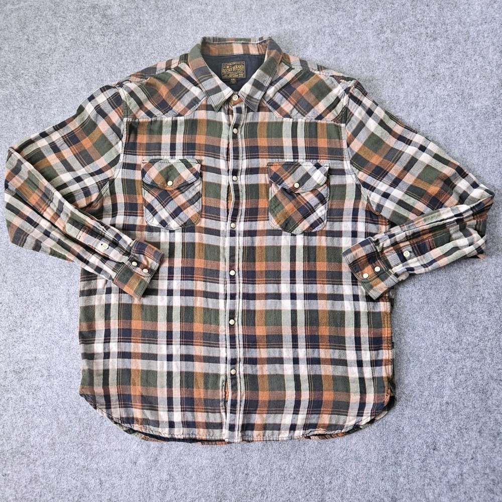 Lucky Brand Mens XXL Plaid Western Snap Long Sleeve Shirt Green Orange 7MD41312